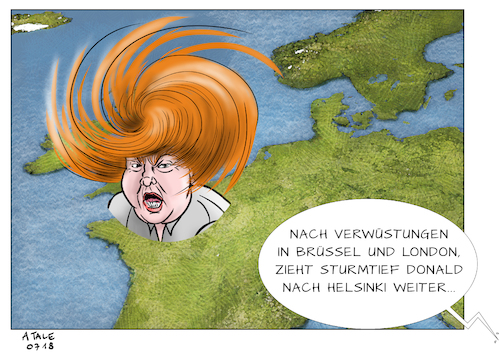 Cartoon: Sturmtief Donald (medium) by Ago tagged usa,präsident,donald,trump,europa,eu,besuch,nato,brüssel,großbritannien,may,helsinki,gipfeltreffen,putin,polemik,provokationen,grobschlächtig,verteidigungsausgaben,handelsstreit,strafzölle,kritik,weicher,brexit,abhängigkeit,russland,wirtschaft,protektionismus,nationalismus,wetterkarte,wirbelsturm,sturmtief,politik,karikatur,cartoon,pressezeichnung,illustration,tale,agostino,natale,usa,präsident,donald,trump,europa,eu,besuch,nato,brüssel,großbritannien,may,helsinki,gipfeltreffen,putin,polemik,provokationen,grobschlächtig,verteidigungsausgaben,handelsstreit,strafzölle,kritik,weicher,brexit,abhängigkeit,russland,wirtschaft,protektionismus,nationalismus,wetterkarte,wirbelsturm,sturmtief,politik,karikatur,cartoon,pressezeichnung,illustration,tale,agostino,natale