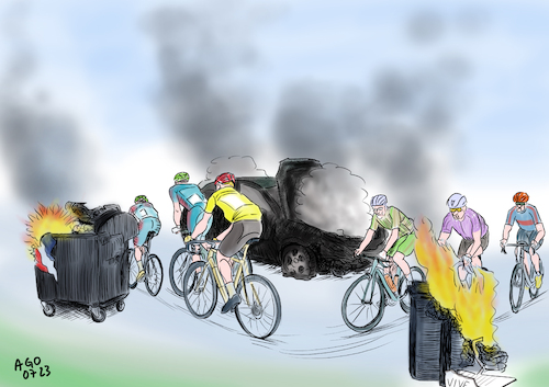 Cartoon: Tour de France (medium) by Ago tagged frankreich,unruhen,ausschreitungen,krawalle,gewaltausbrüche,brände,barrikaden,kritik,gewaltspirale,polizei,verkehrskontrolle,tödliche,schüsse,nanterre,vorstadt,paris,banlieue,start,tour,de,france,politik,caricature,karikatur,cartoon,pressezeichnung,illustration,ago,agostino,natale,frankreich,unruhen,ausschreitungen,krawalle,gewaltausbrüche,brände,barrikaden,kritik,gewaltspirale,polizei,verkehrskontrolle,tödliche,schüsse,nanterre,vorstadt,paris,banlieue,start,tour,de,france,politik,caricature,karikatur,cartoon,pressezeichnung,illustration,ago,agostino,natale