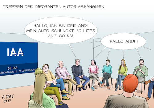 Cartoon: Treffen der IAA (medium) by Ago tagged iaa,auto,automobil,ausstellung,messe,frankfurt,proteste,demonstrationen,forderungen,verkehrswende,klimaaktivisten,umwelt,klimapolitik,einhaltung,klimaziele,groko,regierung,umweltschutz,abschaffung,fossile,brennstoffe,reduzierung,benzinverbrauch,suv,benzinschlucker,sportwagen,treffen,parodie,anonyme,alkoholiker,aa,politik,karikatur,cartoon,pressezeichnung,illustration,tale,agostino,natale,iaa,auto,automobil,ausstellung,messe,frankfurt,proteste,demonstrationen,forderungen,verkehrswende,klimaaktivisten,umwelt,klimapolitik,einhaltung,klimaziele,groko,regierung,umweltschutz,abschaffung,fossile,brennstoffe,reduzierung,benzinverbrauch,suv,benzinschlucker,sportwagen,treffen,parodie,anonyme,alkoholiker,aa,politik,karikatur,cartoon,pressezeichnung,illustration,tale,agostino,natale