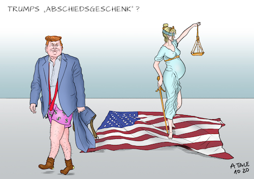 Cartoon: Trumps Abschiedsgeschenk ? (medium) by Ago tagged donald,trump,usa,präsident,washington,supreme,court,nachfolgerin,richterin,amy,coney,barrett,amtseid,politischer,sieg,auswirkung,wahlkampf,wahl,verfassungsgericht,konservativ,republikanisch,dominiert,missachtung,gentlemen,agreement,keine,neubesetzung,wahljahr,unfair,heimtückisch,schlechter,charakter,justitia,schwanger,erbe,anstand,politik,caricature,karikatur,cartoon,pressezeichnung,illustration,tale,agostino,natale,donald,trump,usa,präsident,washington,supreme,court,nachfolgerin,richterin,amy,coney,barrett,amtseid,politischer,sieg,auswirkung,wahlkampf,wahl,verfassungsgericht,konservativ,republikanisch,dominiert,missachtung,gentlemen,agreement,keine,neubesetzung,wahljahr,unfair,heimtückisch,schlechter,charakter,justitia,schwanger,erbe,anstand,politik,caricature,karikatur,cartoon,pressezeichnung,illustration,tale,agostino,natale