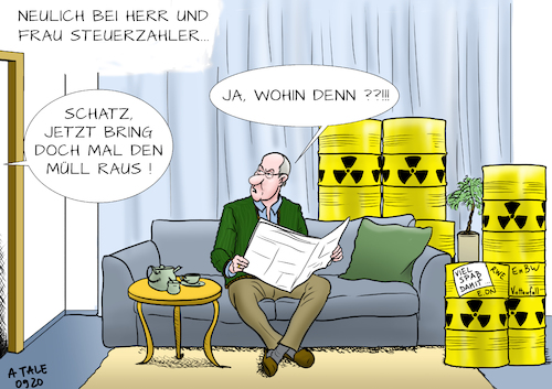 Cartoon: Unendliche Endlagersuche (medium) by Ago tagged atommüll,bericht,vorstellung,bundesgesellschaft,für,endlagerung,bge,mögliche,standorte,wissenschaftliche,faktoren,geologie,endlager,ewige,suche,energiekonzerne,auslöse,abwälzung,problematik,staat,allgemeinheit,atomkraftwerke,kernenergie,hinterlassenschaft,castor,behälter,hochradioaktiv,ehepaar,müll,raustragen,politik,caricature,karikatur,cartoon,pressezeichnung,illustration,tale,agostino,natale,atommüll,bericht,vorstellung,bundesgesellschaft,für,endlagerung,bge,mögliche,standorte,wissenschaftliche,faktoren,geologie,endlager,ewige,suche,energiekonzerne,auslöse,abwälzung,problematik,staat,allgemeinheit,atomkraftwerke,kernenergie,hinterlassenschaft,castor,behälter,hochradioaktiv,ehepaar,müll,raustragen,politik,caricature,karikatur,cartoon,pressezeichnung,illustration,tale,agostino,natale