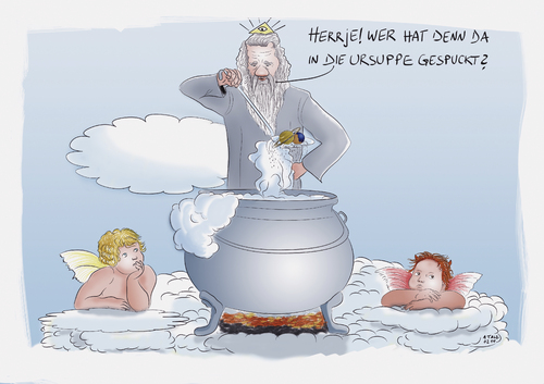 Cartoon: Ursuppe (medium) by Ago tagged karikatur,cartoon,spucken,suppe,redewendung,ursuppe,religion,engel,gott,entstehung,universum,weltall,anfang,urerde,erde,naturwissenschaft,physik,kosmologie,kosmologie,astrophysik,naturwissenschaft,big,bang,weltall,universum,entstehung,gott,engel,religion,ursuppe,redewendung,suppe,spucken,cartoon,karikatur