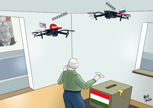 Cartoon: Wahlen in Ungarn (medium) by Ago tagged ungarn,europa,parlamentswahl,ministerpräsident,viktor,orban,fidesz,partei,herausforderer,peter,magyar,tisza,machtwechsel,wechsel,umfragen,illiberale,demokratie,autokratie,blockadepolitik,eu,pro,russland,putin,sympathisant,trump,populismus,eimischung,wahlkampf,dominanz,regierungspartei,medien,gefahr,missachtung,wahlergebnis,freie,geheime,wahlen,drohnen,politik,karikatur,cartoon,pressezeichnung,illustration,ago,agostino,natale,ungarn,europa,parlamentswahl,ministerpräsident,viktor,orban,fidesz,partei,herausforderer,peter,magyar,tisza,machtwechsel,wechsel,umfragen,illiberale,demokratie,autokratie,blockadepolitik,eu,pro,russland,putin,sympathisant,trump,populismus,eimischung,wahlkampf,dominanz,regierungspartei,medien,gefahr,missachtung,wahlergebnis,freie,geheime,wahlen,drohnen,politik,karikatur,cartoon,pressezeichnung,illustration,ago,agostino,natale