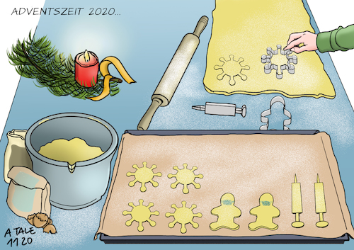 Cartoon: Zeichen der Zeit (medium) by Ago tagged advent,weihnachten,winter,plätzchen,backen,backform,corona,virus,pandemie,covid,neunzehn,zweite,welle,hohe,infektionszahlen,inzidenzwerte,einschränkungen,minimum,soziales,leben,daheim,bleiben,social,distancing,maskenpflicht,lockdown,light,verlängerung,verbot,gastronomie,kultur,freizeit,sport,warten,impfstoff,politik,caricature,karikatur,cartoon,pressezeichnung,illustration,tale,agostino,natale,advent,weihnachten,winter,plätzchen,backen,backform,corona,virus,pandemie,covid,neunzehn,zweite,welle,hohe,infektionszahlen,inzidenzwerte,einschränkungen,minimum,soziales,leben,daheim,bleiben,social,distancing,maskenpflicht,lockdown,light,verlängerung,verbot,gastronomie,kultur,freizeit,sport,warten,impfstoff,politik,caricature,karikatur,cartoon,pressezeichnung,illustration,tale,agostino,natale