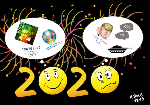 Cartoon: Zwiespältige Aussichten 2020 (medium) by Ago tagged jahreswechsel,2020,silvester,neujahr,aussicht,vorschau,zwiespalt,events,freude,beethoven,fußball,em,europameisterschaft,sport,kultur,olympia,negative,ereignisse,klimapolitik,usa,wahl,präsident,trump,konflikte,kriege,politik,caricature,karikatur,cartoon,pressezeichnung,illustration,tale,agostino,natale,jahreswechsel,2020,silvester,neujahr,aussicht,vorschau,zwiespalt,events,freude,beethoven,fußball,em,europameisterschaft,sport,kultur,olympia,negative,ereignisse,klimapolitik,usa,wahl,präsident,trump,konflikte,kriege,politik,caricature,karikatur,cartoon,pressezeichnung,illustration,tale,agostino,natale