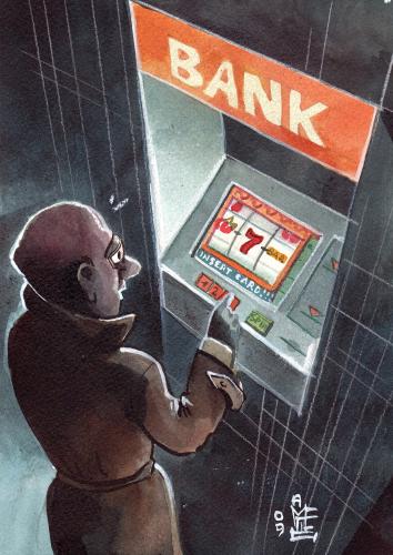 Cartoon: cashpoint (medium) by matteo bertelli tagged cashpoint,slot,machine,bank,cartoon,cartoons,illustration,illustrationen,bank,banken,automat,bankautomat,geld,finanzen,casino,einarmiger bandit,glücksspiel,glück,spiel,armut,arm,reichtum,reich,wirtschaft,wirtschaftskrise,finanzkrise,einarmiger,bandit