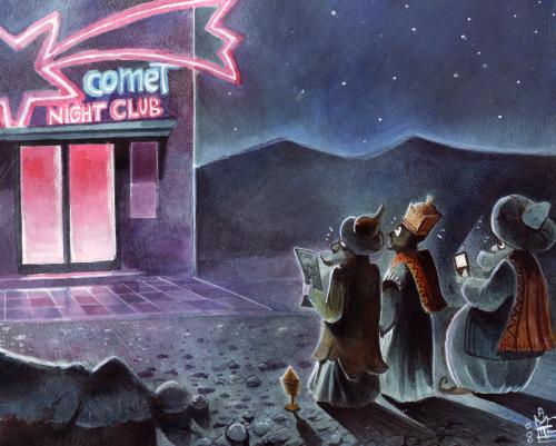 Cartoon: comet (medium) by matteo bertelli tagged comet,christmas,weihnachten,weihnacht,drei könige,heilig,bibel,bethlehem,jesus christus,cartoonorm32308,technique,3 krippe,komet,club,bar,kneipe,nachtclub,moderne,tradition,kultur,religion,vergnügen,unterhaltung,freizeit,drei,könige,jesus,christus,krippe