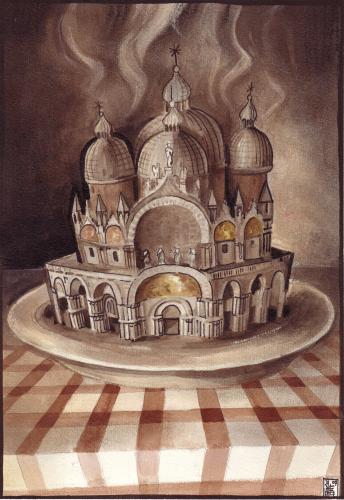 Cartoon: heated plate (medium) by matteo bertelli tagged illustration,venice,italy,,illustration,italien,teller,essen,surreal,architektur,venedig,gebäude,dom,heiß,hitze,dampfen