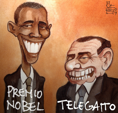 Cartoon: the prizes (medium) by matteo bertelli tagged berlusconi,bertelli,obama,nobel,telegatto,barack obama,silvio berlusconi,italien,usa,nobelpreis,friedensnobelpreis,barack,obama,silvio,berlusconi