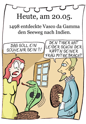 Cartoon: 20. Mai (medium) by chronicartoons tagged da,gamma,indien,seefahrt,souvenir,schlange,matrose,cartoon