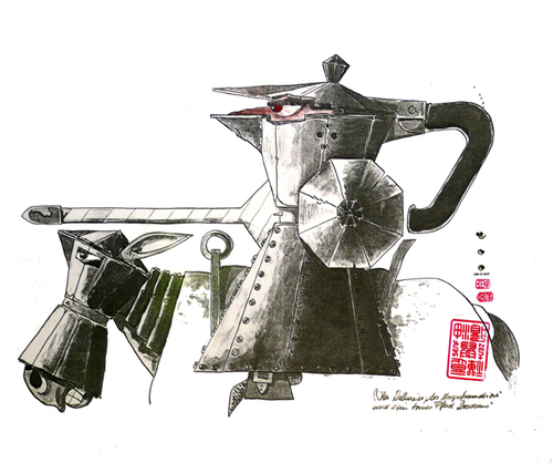Cartoon: Espresso Knight (medium) by zenundsenf tagged coffee,espresso,knight,cavalier,can,tin,prodomo,dallmayr,ritter,horse,mare,nag,cartoon,caricature,karikatur,illustration,zenf,zensenf,zenundsenf,andi,walter
