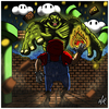 Cartoon: Mario VS Hulk (small) by Abe tagged mario,super,nes,nintendo,video,game,comic,marvel,fight,action,pose,giant,cartoon,style,art,toon,red,green,cloud,coin,brick,fire,ball,fireball