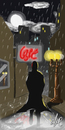 Cartoon: Night time Study (small) by Abe tagged rain,dark,fog,silhouette,walking,light,pole,city,skyline,windows,cafe,reflections,moon,clouds,noir,neo