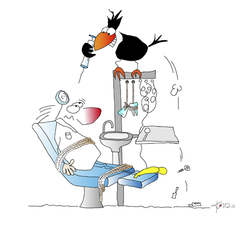 Cartoon: Jetzt wird zurückgeschlagen (medium) by KADO tagged zurückschlagen,back,strike,dentist,zahnarzt,graz,styria,austria,kalcher,dominika,illustration,spass,humor,comic,cartoon,kadocartoons,kado,bird,animal,crow,krähe
