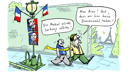 Cartoon: Damenwahl (medium) by kittihawk tagged wahl,frankreich,sarkozy,hollande,stichwahl,präsident,französisch,eiffelturm,mon,dieu,wahl,frankreich,sarkozy,hollande,stichwahl,präsident