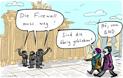 Cartoon: Firewall (medium) by kittihawk tagged kittihawk,2014,firewall,25,jahre,deutsche,einheit,mauerfall,jubiläum,bnd,internet,ausspähen,überwachung,gestern,übriggeblieben,muss,weg,brandenburger,tor,gedenken,keine,bedenken,schlapphüte,geheimdienst,verschlüsselung,knacken,berlin,kittihawk,2014,firewall,25,jahre,deutsche,einheit,mauerfall,jubiläum,bnd,internet,ausspähen,überwachung,gestern,übriggeblieben,muss,weg,brandenburger,tor,gedenken,keine,bedenken,schlapphüte,geheimdienst,verschlüsselung,knacken,berlin