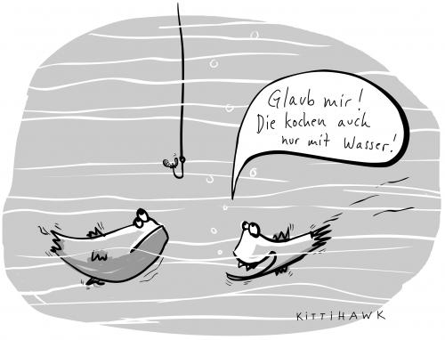 Cartoon: Fische (medium) by kittihawk tagged kochen,wasser,fische,erwartung,verheißung,veränderung,kochen,wasser,h2o,fische,erwartung,verheißung,veränderung,glauben,wissen,denken,vermuten,zukunft,angel,angeln,haken,fischen,köder,ozean,meer,see,tiefe