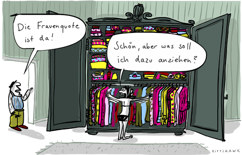 Cartoon: Frauenquote (medium) by kittihawk tagged kittihawk,2014,frauenquote,führungsebene,dax,unternehmen,manuela,schwesig,familienministerin,gesetz,schlafzimmer,zu,hause,mann,frau,ehepaar,kleiderschrank,was,soll,ich,dazu,anziehen,kittihawk,2014,frauenquote,führungsebene,dax,unternehmen,manuela,schwesig,familienministerin,gesetz,schlafzimmer,zu,hause,mann,frau,ehepaar,kleiderschrank,was,soll,ich,dazu,anziehen