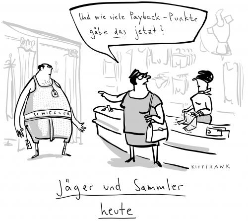 Cartoon: Jäger und sammler heute (medium) by kittihawk tagged jäger,sammler,payback,jäger,sammler,rollen,arbeit,geschlecht,geschlechterrollen,handel,geschäft,kleidung,payback,punkte