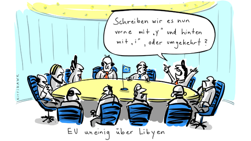 Cartoon: libyen (medium) by kittihawk tagged eu,libyen,gipfel,treffen,eu,libyen,gipfel,treffen,gaddafi