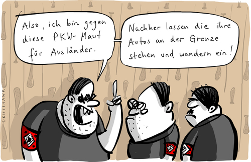 Cartoon: Maut (medium) by kittihawk tagged kittihawk,2014,pkw,maut,ausländer,dobrindt,csu,verkehrsminister,infrastruktur,maßnahme,abgabe,vignette,autobahn,straße,verkehr,transit,rückerstattung,kfz,steuer,autos,grenze,wandern,ein,einwanderung,kittihawk,2014,pkw,maut,ausländer,dobrindt,csu,verkehrsminister,infrastruktur,maßnahme,abgabe,vignette,autobahn,straße,verkehr,transit,rückerstattung,kfz,steuer,autos,grenze,wandern,ein,einwanderung