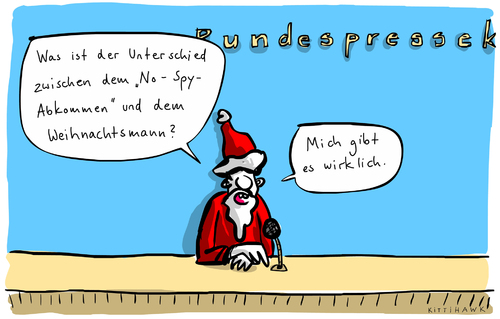 Cartoon: No-Spy-Abkommen (medium) by kittihawk tagged no,unterschied,weihnachtsmann,2015,kittihawk,spy,abkommen,mich,gibt,es,wirklich,regierungssprecher,wünsch,dir,was,geschenk,frage,antwort,bundespressekonferenz,informationspolitik,glaube,liebe,hoffnung,weihnachtsmann,unterschied