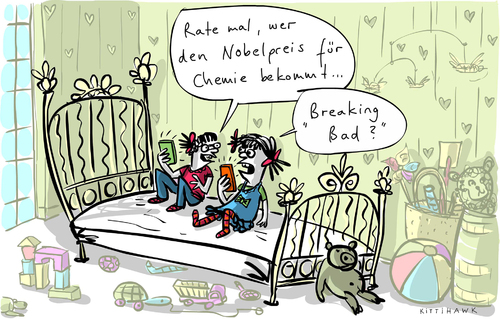 Cartoon: Nobelpreis Chemie (medium) by kittihawk tagged stockholm,teddy,bett,kinderzimmer,kult,fans,teenager,mädchen,mal,rate,bad,breaking,usa,deutschland,chemie,preis,nobel,2014,kittihawk,kittihawk,2014,nobel,preis,chemie,deutschland,usa,breaking,bad,rate,mal,mädchen,teenager,fans,kult,kinderzimmer,bett,teddy,stockholm