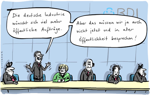 Cartoon: Öffentliche Aufträge (medium) by kittihawk tagged kittihawk,2014,bdi,berliner,industrie,tag,merkel,grillo,investitionen,öffentliche,öffentlichkeit,besprechen,lobby,unterstützung,wirtschaft,aufträge,tagung,kittihawk,2014,bdi,berliner,industrie,tag,merkel,grillo,investitionen,öffentliche,öffentlichkeit,besprechen,lobby,unterstützung,wirtschaft,aufträge,tagung