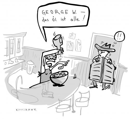 Cartoon: Öl ist alle (medium) by kittihawk tagged öl,bush,irak,george,salat,salatöl,leer,alle,aufgebraucht,irak,george,bush,präsident,cowboy,usa,saloon,spelunke,bar,barkeeper,dressing,george bush,öl,tanker,tankstelle,spritpreis,sprit,benzinpreis,ökodiesel,ökosprit,erdöl,rohstoffmangel,rohstoff,energie,opec,diesel,benzin,ölscheich,ölkrise,ölknappheit,ölpreis,alternativenergie,hybridauto,hybridmotor,energiekrise,windernergie,republikaner,us präsident,vereinigte staaten amerika,united states,vereinigte,staaten,amerika,united,states,us