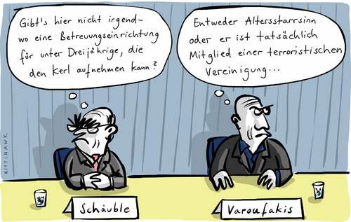 Cartoon: Verhandlungen (medium) by kittihawk tagged kittihawk,2015,terroristische,vereinigung,altersstarrsinn,betreuungseinrichtungen,unter,dreijährige,aufnehmen,wolfgang,schäuble,varoufakis,deutschland,griechenland,verhandlung,hilfszahlungen,eu,europäische,union,beratung,finanzminister,brüssel,sonder,gipfel,konferenz,kittihawk,2015,terroristische,vereinigung,altersstarrsinn,betreuungseinrichtungen,unter,dreijährige,aufnehmen,wolfgang,schäuble,varoufakis,deutschland,griechenland,verhandlung,hilfszahlungen,eu,europäische,union,beratung,finanzminister,brüssel,sonder,gipfel,konferenz