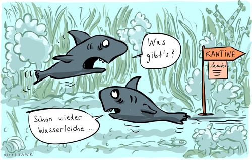 Cartoon: Wasserleiche (medium) by kittihawk tagged 2015,kittihawk,schon,wieder,wasserleiche,kantine,unter,wasser,haie,mittagspause,was,gibs,heute,menü,speiseplan,meeresgrund,mittelmeer,europäische,union,flüchtlingsbote,kentern,eu