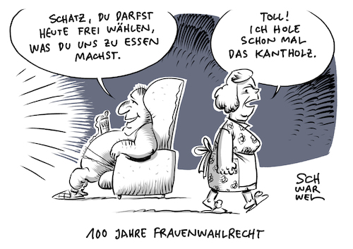 Cartoon: 100 Jahre Frauenwahlrecht (medium) by Schwarwel tagged frauenwahlrecht,jubiläum,jubiläumsjahr,frau,frauen,gleichberechtigung,gleichheit,feminismus,feminist,quote,frauenquote,rollenbild,rollenbilder,kantholz,afd,küche,herd,teilhabe,wahl,wahlen,wahlrecht,frauenanteil,patriarchat,menschenrecht,selbstbestimmung,freiheit,diskriminierung,unterdrückung,sexismus,sexistisch,carton,karikatur,schwarwel,frauenwahlrecht,jubiläum,jubiläumsjahr,frau,frauen,gleichberechtigung,gleichheit,feminismus,feminist,quote,frauenquote,rollenbild,rollenbilder,kantholz,afd,küche,herd,teilhabe,wahl,wahlen,wahlrecht,frauenanteil,patriarchat,menschenrecht,selbstbestimmung,freiheit,diskriminierung,unterdrückung,sexismus,sexistisch,carton,karikatur,schwarwel