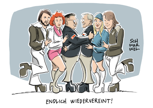 Cartoon: ABBA Nordkorea Südkorea (medium) by Schwarwel tagged abba,wiedervereinigung,reunion,band,music,musik,songs,lieder,waterloo,mamma,mia,pop,popgruppe,popmusik,popmusic,agnetha,fältskog,benny,andersson,björn,ulvaeus,anni,frid,frida,lyngstad,comeback,dancing,queen,the,winner,takes,it,all,nordkorea,südkorea,kim,jong,un,atomkrieg,krieg,korea,diktatur,koreaner,staatschef,regierungschef,grenze,china,atomknopf,atomwaffen,nuklearwaffen,atombombe,militär,trump,us,usa,amerika,america,president,präsident,moon,jae,in,atomwaffenfrei,entspannungspolitik,außenpolitik,weltmacht,weltmächte,politik,politiker,atomstreit,halbinsel,nukleare,abrüstung,aufrüstung,gipfel,atomtest,interkontinentalraketen,massenvernichtungswaffen,gewaltdiktatur,terror,cartoon,karikatur,schwarwel,abba,wiedervereinigung,reunion,band,music,musik,songs,lieder,waterloo,mamma,mia,pop,popgruppe,popmusik,popmusic,agnetha,fältskog,benny,andersson,björn,ulvaeus,anni,frid,frida,lyngstad,comeback,dancing,queen,the,winner,takes,it,all,nordkorea,südkorea,kim,jong,un,atomkrieg,krieg,korea,diktatur,koreaner,staatschef,regierungschef,grenze,china,atomknopf,atomwaffen,nuklearwaffen,atombombe,militär,trump,us,usa,amerika,america,president,präsident,moon,jae,in,atomwaffenfrei,entspannungspolitik,außenpolitik,weltmacht,weltmächte,politik,politiker,atomstreit,halbinsel,nukleare,abrüstung,aufrüstung,gipfel,atomtest,interkontinentalraketen,massenvernichtungswaffen,gewaltdiktatur,terror,cartoon,karikatur,schwarwel