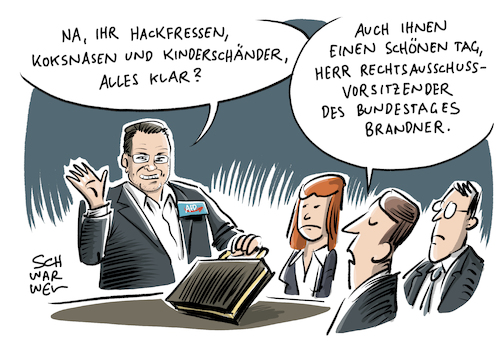 Cartoon: AfD Brandner Rechtsausschuss (medium) by Schwarwel tagged afd,alternative,für,deutschland,partei,parteien,rechts,nazi,nazis,rechtsextrem,rechtsextremismus,nationalsozialisten,nationalsozialismus,hitler,auschwitz,holocaust,verleugnung,rechtspopulismus,rechtspopulisten,populismus,ausländerfeindlichkeit,ausländerhass,bundestagswahl,2017,wahl,bundestag,einzug,rechtsausschuss,vorsitzender,stephand,brandner,hassrede,hetze,brandrede,pöbler,pöbeleien,beschimpfungen,rassist,rassisten,opposition,oppositionsfraktion,parlament,bundestagsabgeordneter,karikatur,schwarwel,afd,alternative,für,deutschland,partei,parteien,rechts,nazi,nazis,rechtsextrem,rechtsextremismus,nationalsozialisten,nationalsozialismus,hitler,auschwitz,holocaust,verleugnung,rechtspopulismus,rechtspopulisten,populismus,ausländerfeindlichkeit,ausländerhass,bundestagswahl,2017,wahl,bundestag,einzug,rechtsausschuss,vorsitzender,stephand,brandner,hassrede,hetze,brandrede,pöbler,pöbeleien,beschimpfungen,rassist,rassisten,opposition,oppositionsfraktion,parlament,bundestagsabgeordneter,karikatur,schwarwel