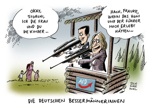 Cartoon: AfD Petry für Schießbefehl (medium) by Schwarwel tagged afd,frauke,petry,schießbefehl,geflüchtete,flüchtlinge,flüchtlingspolitik,flüchtling,asyl,asylsuchende,syrien,waffeneinsatz,waffe,schießen,gewehr,terror,krieg,gewalt,kinder,frauen,familie,familiennachzug,von,storch,honecker,hitler,führer,alternative,für,deutschland,partei,rechts,nazi,karikatur,schwarwel,afd,frauke,petry,schießbefehl,geflüchtete,flüchtlinge,flüchtlingspolitik,flüchtling,asyl,asylsuchende,syrien,waffeneinsatz,waffe,schießen,gewehr,terror,krieg,gewalt,kinder,frauen,familie,familiennachzug,von,storch,honecker,hitler,führer,alternative,für,deutschland,partei,rechts,nazi,karikatur,schwarwel