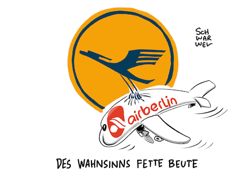 Cartoon: Air Berlin Lufthansa (medium) by Schwarwel tagged luftfahrt,seehofer,übernahme,air,berlin,lufthansa,billigfluglinie,billigflieger,billigflug,flieger,fliegen,urlaub,tourismus,unternehmen,konzern,wirtschaft,finanzen,csu,partei,parteien,deutschland,fluggesellschaft,insolvent,insolvenz,condor,easyjet,airline,überbrückungskredit,kredit,ryanair,karikatur,schwarwel,luftfahrt,seehofer,übernahme,air,berlin,lufthansa,billigfluglinie,billigflieger,billigflug,flieger,fliegen,urlaub,tourismus,unternehmen,konzern,wirtschaft,finanzen,csu,partei,parteien,deutschland,fluggesellschaft,insolvent,insolvenz,condor,easyjet,airline,überbrückungskredit,kredit,ryanair,karikatur,schwarwel