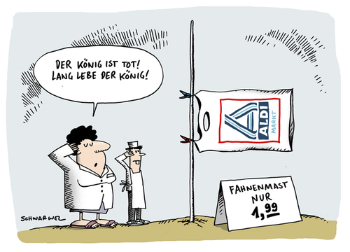 Cartoon: Aldi Nord trauert um Gründer (medium) by Schwarwel tagged aldi,trauer,gründer,tod,legende,theo,albrecht,milliarde,imperium,erbe,discount,karikatur,schwarwel
