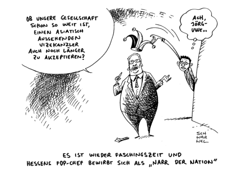 Cartoon: Alltagsrassismus FDP Rösler (medium) by Schwarwel tagged alltagsrassismus,fdp,rösler,hessen,chef,jörg,uwe,hahn,parteichef,debatte,rassismus,ausländerfeindlichkeit,partei,deutschland,karikatur,schwarwel,gesellschaft,vizekanzler,fasching,narr,alltagsrassismus,fdp,rösler,hessen,chef,jörg,uwe,hahn,parteichef,debatte,rassismus,ausländerfeindlichkeit,partei,deutschland,karikatur,schwarwel,gesellschaft,vizekanzler,fasching,narr