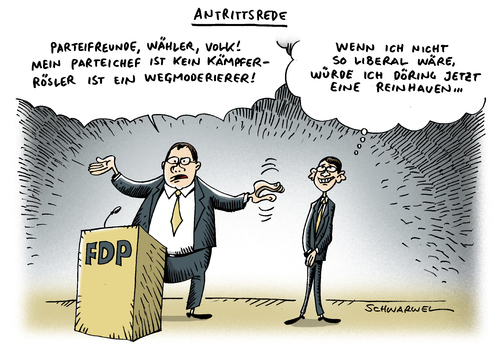 Cartoon: Antrittsrede FDP Rösler (medium) by Schwarwel tagged fdp,neu,generalsekretär,chef,rösler,interview,wegmoderierer,kämpfer,partei,wähler,wahl,volk,liberal,döring,karikatur,schwarwel,fdp,neu,generalsekretär,rösler,interview,wähler,wahl,volk,liberal,döring