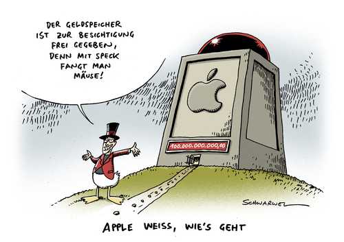 Cartoon: Apple Geldberg Dividende (medium) by Schwarwel tagged aplle,mac,geld,berg,wirtschaft,finanzen,milliarden,dollar,us,usa,unternehmen,dividende,karikatur,schwarwel,mac,wirtschaft,milliarden,dollar,usa,unternehmen,apple