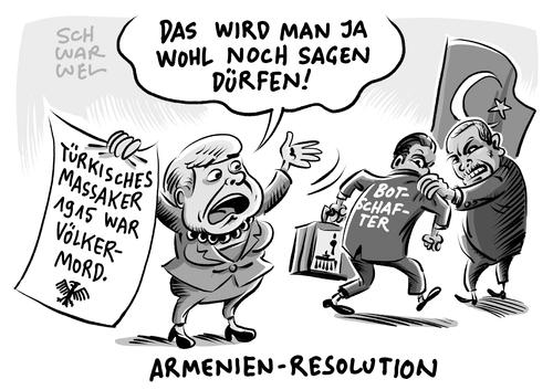 Cartoon: Armenien Resolution im Bundestag (medium) by Schwarwel tagged armenien,resolution,bundestag,verabschiedung,türkei,botschafter,berlin,völkermord,karikatur,schwarwel,merkel,angela,angie,armenien,resolution,bundestag,verabschiedung,türkei,botschafter,berlin,völkermord,karikatur,schwarwel,merkel,angela,angie