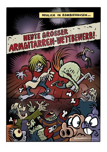 Cartoon: Armgitarren-Wettbewerb (medium) by Schwarwel tagged schwarwel,cartoon,witz,lustig,arm,gitarre,wettbewerb,musik,zombie,kreatur,angst,schweinevogel,iron,doof,wettbewerb,gitarre,arm,zombie,angst,musik,musiker,bands,konzert,zombies,monster