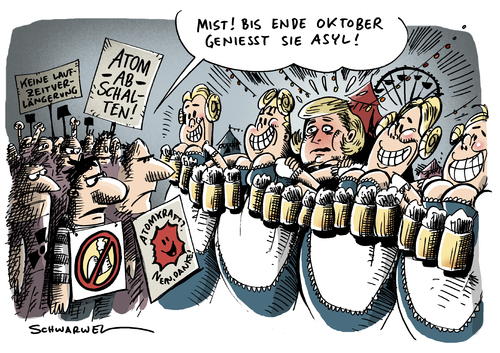 Cartoon: Asyl vor Atomgegnern (medium) by Schwarwel tagged asyl,atom,gegner,atomkraft,angela,merkel,oktober,okotberfest,münchen,laufzeitverlängerung,natur,umwelt,zerstörung,politik,politiker,regierung,deutschland,karikatur,schwarwel,asyl,atom,gegner,atomkraft,angela merkel,akw,oktober,oktoberfest,münchen,laufzeitverlängerung,natur,umwelt,zerstörung,angela,merkel