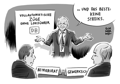 Cartoon: Bahn ohne Lokführer (medium) by Schwarwel tagged bahn,deutsche,lokführer,bahnchef,rüdiger,grube,vollautomatische,zug,züge,reise,karikatur,schwarwel,bahn,deutsche,lokführer,bahnchef,rüdiger,grube,vollautomatische,zug,züge,reise,karikatur,schwarwel