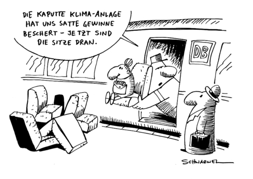 Cartoon: Bahn trotz Desaster hoch im Plus (medium) by Schwarwel tagged db,deutsche,bahn,desaster,hitze,klimaanlage,klime,plus,umsatz,wachstum,deutschland,gewinn
