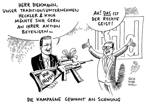 Cartoon: Bild Hilfsaktion Kai Diekmann (medium) by Schwarwel tagged bild,hilfsaktion,in,der,kritik,chef,kai,diekmann,waffen,terror,gewalt,heckler,koch,geschenk,wir,helfen,hilfe,aktion,kampagne,karikatur,schwarwel,gewehr,pannengewehr,waffenproduzent,sturmgewehr,g36,bild,hilfsaktion,in,der,kritik,chef,kai,diekmann,waffen,terror,gewalt,heckler,koch,geschenk,wir,helfen,hilfe,aktion,kampagne,karikatur,schwarwel,gewehr,pannengewehr,waffenproduzent,sturmgewehr,g36