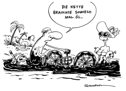 Cartoon: BP-Ölkrise vor Louisiana (medium) by Schwarwel tagged bp,ölkrise,louisiana,öl,pest,ölkonzern,krise,bohrinsel,natur,katastrofe,verschmutzung,meer,ozean,umweltkarikatur,schwarwel