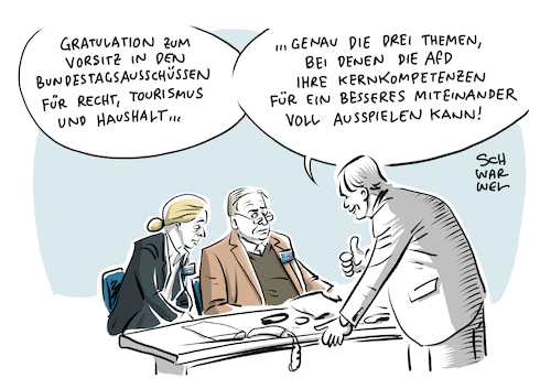 Cartoon: Bundestag Ausschussbesetzung (medium) by Schwarwel tagged groko,große,koalition,wahl,2017,bundestagswahl,wahlen,regierungsbildung,ausschuss,ausschüsse,besetzung,regierung,deutschland,politik,parteien,afd,alternative,für,rechts,nazi,nazis,rechtsextrem,rechtspopulismus,rechtsextremismus,rechtspopulisten,populisten,alice,weidel,gauland,von,storch,frauke,petry,vorsitz,haushaltsausschuss,recht,tourismus,parlament,parlamentsposten,bernd,baumann,flüchtlinge,geflüchtete,flüchtlingskrise,ausländerfeindlich,ausländerhass,fremdenfeindlich,oppositionsfraktion,opposition,fraktion,partei,cdu,csu,union,spd,fdp,die,linke,grünen,karikatur,schwarwel,groko,große,koalition,wahl,2017,bundestagswahl,wahlen,regierungsbildung,ausschuss,ausschüsse,besetzung,regierung,deutschland,politik,parteien,afd,alternative,für,rechts,nazi,nazis,rechtsextrem,rechtspopulismus,rechtsextremismus,rechtspopulisten,populisten,alice,weidel,gauland,von,storch,frauke,petry,vorsitz,haushaltsausschuss,recht,tourismus,parlament,parlamentsposten,bernd,baumann,flüchtlinge,geflüchtete,flüchtlingskrise,ausländerfeindlich,ausländerhass,fremdenfeindlich,oppositionsfraktion,opposition,fraktion,partei,cdu,csu,union,spd,fdp,die,linke,grünen,karikatur,schwarwel