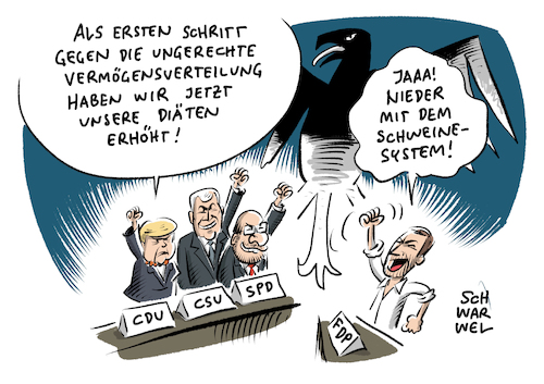 Cartoon: Bundestag höhere Diäten (medium) by Schwarwel tagged bundestag,höhere,diäten,merkel,cdu,csu,spd,fdp,martin,schulz,horst,seehofer,christian,lindner,geld,finanzen,regierung,interimsregierung,politik,deutschland,politiker,geschäftsführende,bundeskanzlerin,abgeordnete,diätenerhöhung,lohn,löhne,normallöhne,parlament,parlamentarier,karikatur,schwarwel,bundestag,höhere,diäten,merkel,cdu,csu,spd,fdp,martin,schulz,horst,seehofer,christian,lindner,geld,finanzen,regierung,interimsregierung,politik,deutschland,politiker,geschäftsführende,bundeskanzlerin,abgeordnete,diätenerhöhung,lohn,löhne,normallöhne,parlament,parlamentarier,karikatur,schwarwel