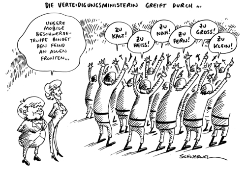 Cartoon: Bundeswehr Beschwerden (medium) by Schwarwel tagged bundeswehr,soldaten,armee,krieg,frieden,militär,beschwerden,wehrbeauftragter,merkel,von,der,leyen,vertiedigung,ministerin,verteidigungsminister,truppe,waffen,karikatur,schwarwel,bundeswehr,soldaten,armee,krieg,frieden,militär,beschwerden,wehrbeauftragter,merkel,von,der,leyen,vertiedigung,ministerin,verteidigungsminister,truppe,waffen,karikatur,schwarwel